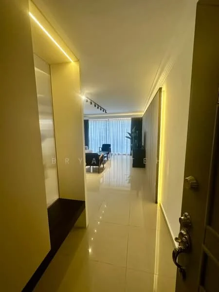 Room features: white painted walls, glossy tile flooring, recessed LED downlights, track lighting, floor-to-ceiling windows, sheer curtains, built-in cabinetry, modern door with metallic handle; style: modern; view: city.