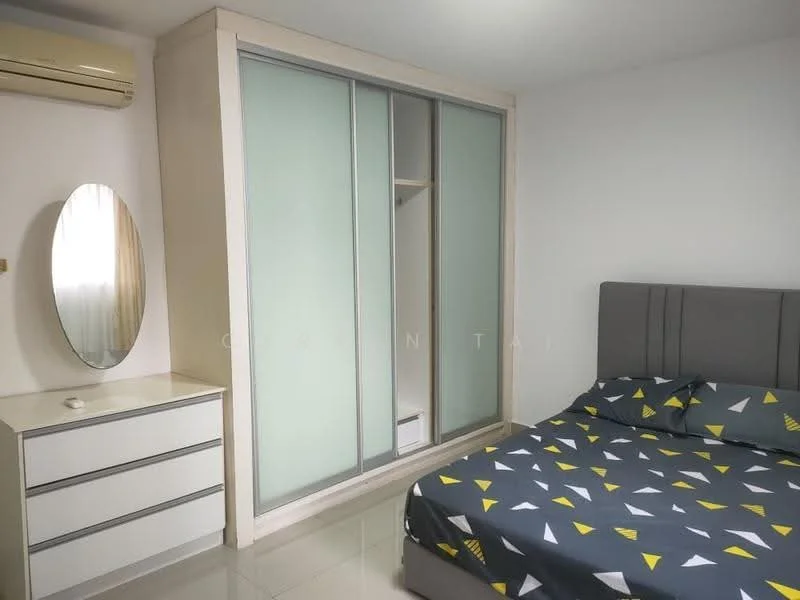 Bedroom features: queen-size bed with grey upholstered headboard, bedding with geometric pattern, built-in wardrobe with sliding glass doors, white bedside table with three drawers, round mirror, wall-mounted air conditioning unit, glossy tile flooring, curtains, soft lighting; style: modern.