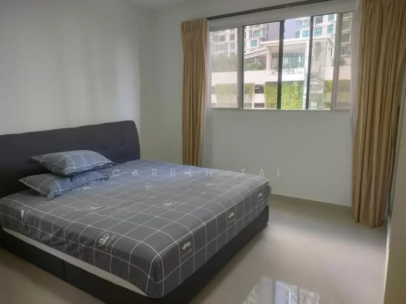 Bedroom features: queen-size bed with grey upholstered headboard, grey bedding with grid pattern, floor-to-ceiling window, sheer curtains, light-coloured walls, light-coloured flooring, built-in wardrobe, decorative wall art; style: modern; view: city.