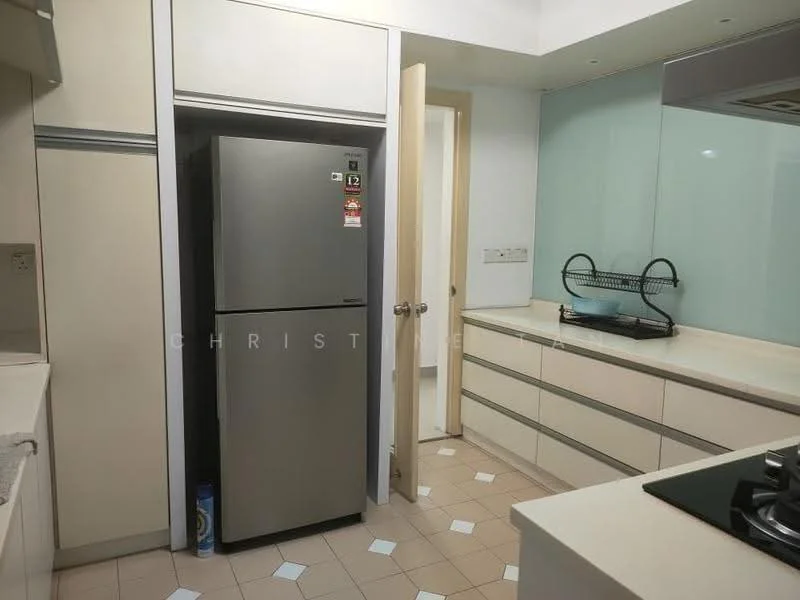 Kitchen features: stainless-steel fridge, white cabinetry, light-colored countertops, built-in oven, gas hob, glass backsplash, tile flooring in beige, single-bowl stainless-steel sink, chrome pull-down faucet, open shelving, wall-mounted kitchen rack; style: modern.