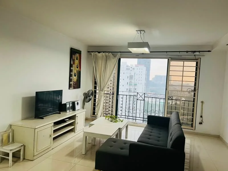 Living features: black fabric sofa, white coffee table, TV console, wall-mounted TV, floor-to-ceiling windows, curtains, light fixture, ceramic tile flooring, decorative wall art, fan, city view; style: modern; view: city.