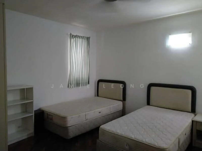 Bedroom features: two single beds with upholstered headboards, white painted walls, wooden flooring, window with sheer curtains, built-in wardrobe, ceiling fan, LED wall light, empty space for additional furniture; style: minimalist.