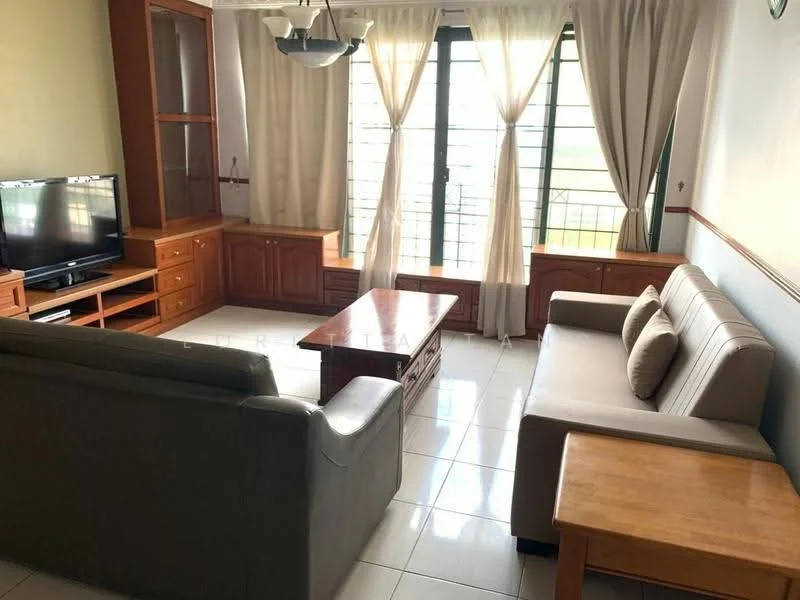 Living features: 3-seater fabric sofa in grey, 2-seater leather sofa, wood coffee table, TV console with storage, wall-mounted TV, floor-to-ceiling windows, sheer curtains, white painted walls, tile flooring, ceiling light fixture, wooden side table; style: contemporary; view: city.