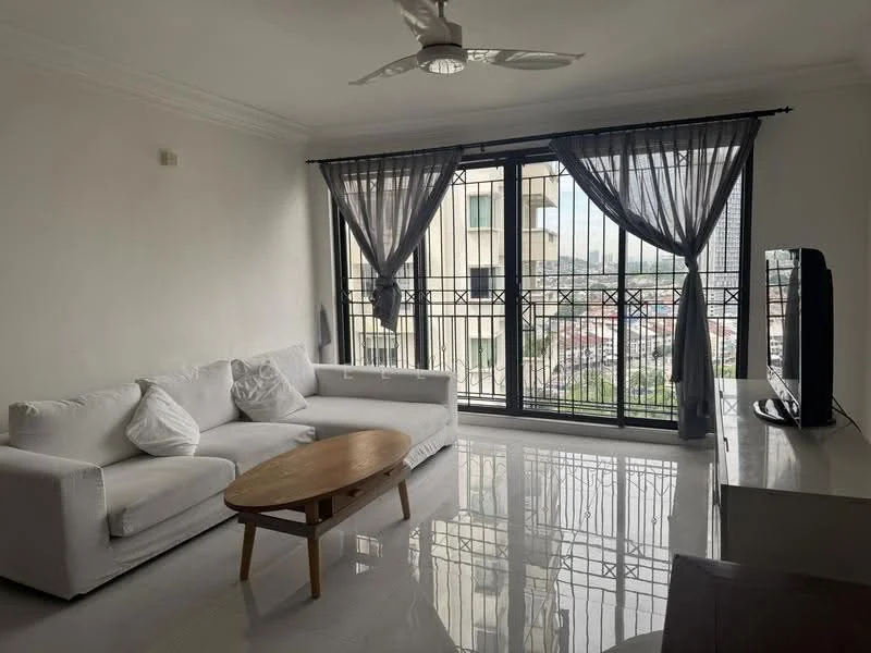Living features: white fabric 3-seater sofa, wooden coffee table, floor-to-ceiling windows, black metal balcony railing, sheer curtains, grey curtains, polished tile flooring, ceiling fan with light, wall-mounted TV, decorative wall panel; style: modern; view: city.