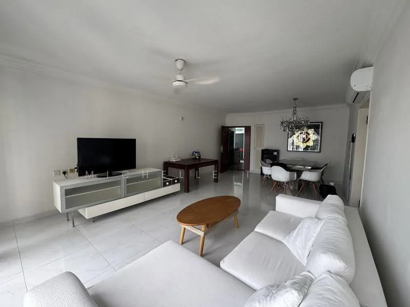 Living features: white painted walls, polished tile flooring, 5-blade ceiling fan, wall-mounted TV, white sectional sofa, wooden coffee table, glass dining table with white chairs, chandelier, air conditioning unit; style: modern.