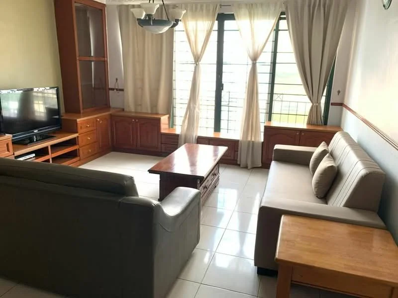 Living features: 2-seater fabric sofa in grey, 3-seater fabric sofa in beige, wood coffee table, TV console with storage, wall-mounted TV, floor-to-ceiling windows, sheer curtains, ceramic tile flooring, wooden cabinetry, decorative cushions; style: contemporary; view: city.