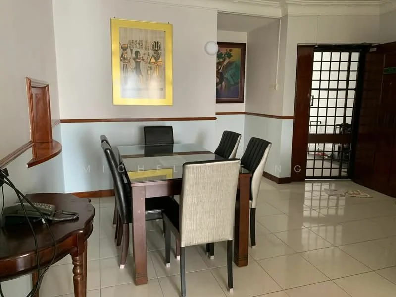 Dining features: glass dining table, 6 upholstered dining chairs, wooden dining table, white painted walls, cream accent wall, tile flooring, decorative artwork on wall, wall-mounted light fixture, telephone on side table, wooden side table, open doorway to hallway; style: modern.