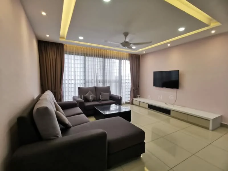 Living features: L-shape sectional sofa in grey, coffee table with glass top, wall-mounted TV, TV console in white, floor-to-ceiling windows, sheer curtains, recessed downlights, ceiling fan with light, cream painted walls, glossy tile flooring; style: modern.