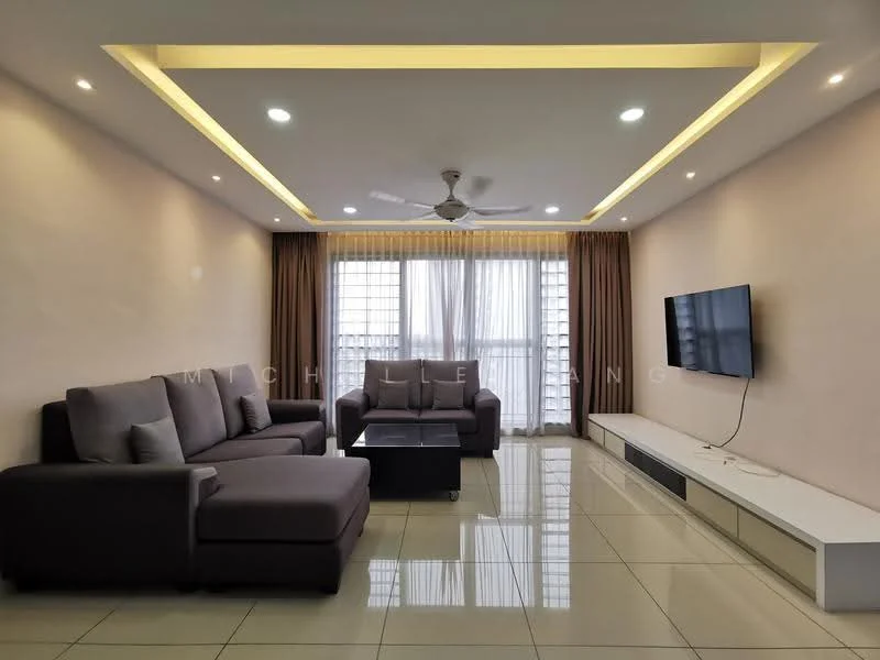 Living features: L-shape sectional sofa in grey, coffee table, wall-mounted TV, TV console, floor-to-ceiling windows, sheer curtains, recessed downlights, ceiling fan, glossy tile flooring, neutral painted walls, crown moulding, area rug; style: modern.