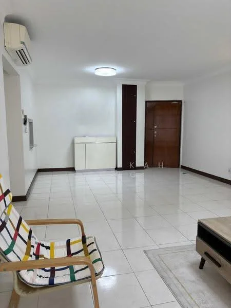 Living features: white painted walls, glossy ceramic tile flooring, recessed ceiling light, wall-mounted split AC, wooden door, white cabinet, area rug, armchair with colorful striped fabric; style: modern.
