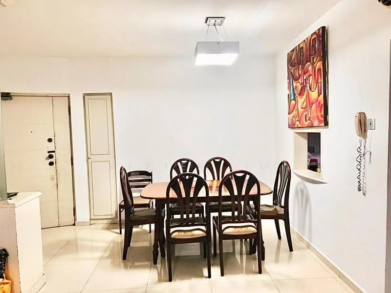 Dining features: white painted walls, tile flooring, 6-seater dining table, wooden dining chairs with upholstered seats, pendant light fixture, framed artwork on wall, wall-mounted intercom, niche with opening, doorway to hallway, window opening, decorative wall panel; style: modern.