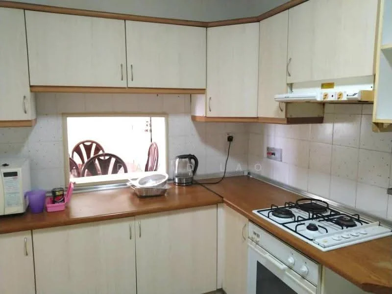 Kitchen features: light wood cabinetry, laminate countertop, white tiled backsplash, gas stove with 4 burners, built-in oven, stainless-steel sink, window above sink, microwave, kettle, open shelving, pink storage container, dining chairs visible through window; style: modern.