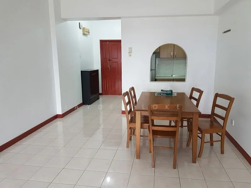 Dining features: wooden dining table, 4 wooden dining chairs, white walls, glossy tile flooring, red accent trim on flooring, doorway leading to kitchen, doorway leading to hallway, wall-mounted air conditioning unit; style: minimalist. Kitchen features: kitchen cabinetry, stainless-steel fridge, open layout to dining area; style: minimalist.