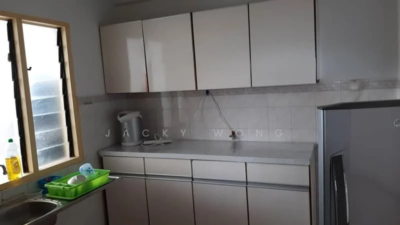 Kitchen features: white cabinetry, grey countertop, stainless-steel sink, chrome faucet, built-in refrigerator, window with grid design, tile backsplash, kitchen utensils rack, green dish drying rack, kettle, bottle of cooking oil; style: modern.