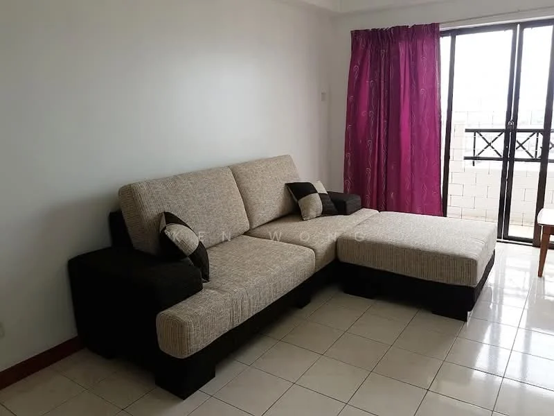 Living features: L-shape sectional sofa in beige and brown, two decorative cushions, floor-to-ceiling sliding glass door, curtains in purple, white painted walls, ceramic tile flooring, coffee table, natural light from window; style: modern.
