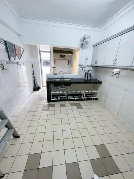 Kitchen features: black granite countertop, single-bowl stainless-steel sink, chrome pull-down faucet, white cabinetry with handles, tile backsplash, ceramic tile flooring with beige and white pattern, wall-mounted fan, open shelving, built-in microwave, freestanding refrigerator, window for natural light, door leading to external area; style: modern.