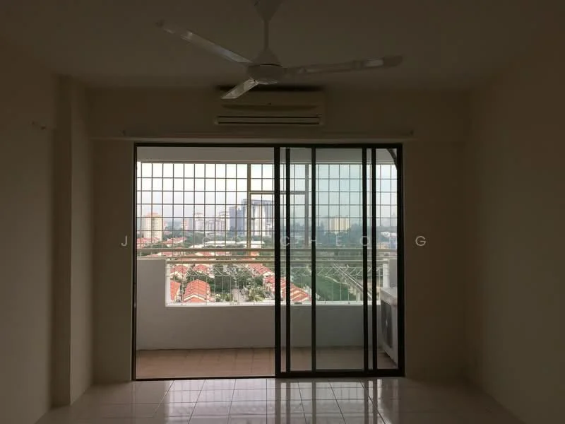Room features: floor-to-ceiling windows, sliding glass door, white painted walls, tile flooring, ceiling fan, wall-mounted split AC, city view; style: modern; view: city.