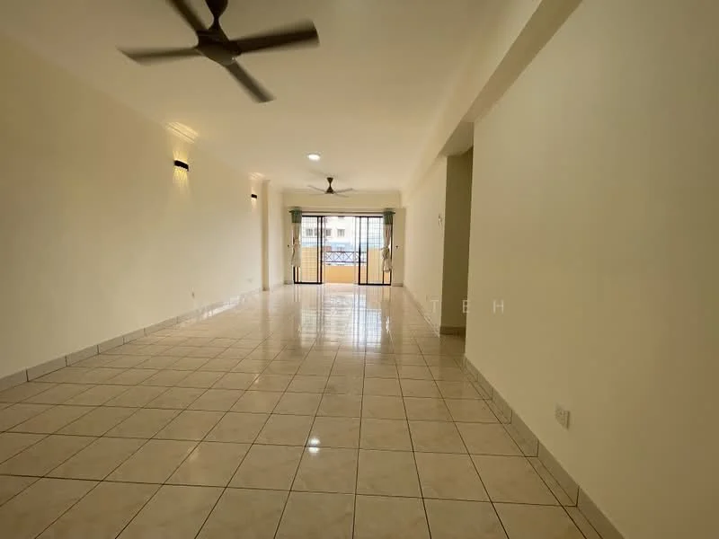 Living features: cream painted walls, glossy ceramic tile flooring, 2 ceiling fans, floor-to-ceiling windows, sliding glass door, balcony access, recessed downlights, neutral decor; style: modern; view: city.