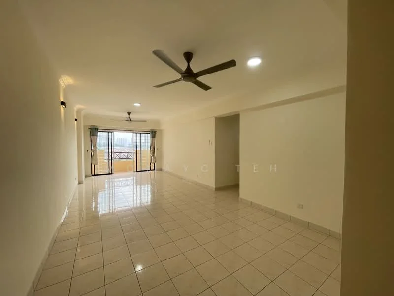 Living features: white painted walls, glossy tile flooring, 5-blade ceiling fan, recessed LED downlights, floor-to-ceiling windows, sliding glass door, balcony access, neutral color scheme; style: modern; view: city.