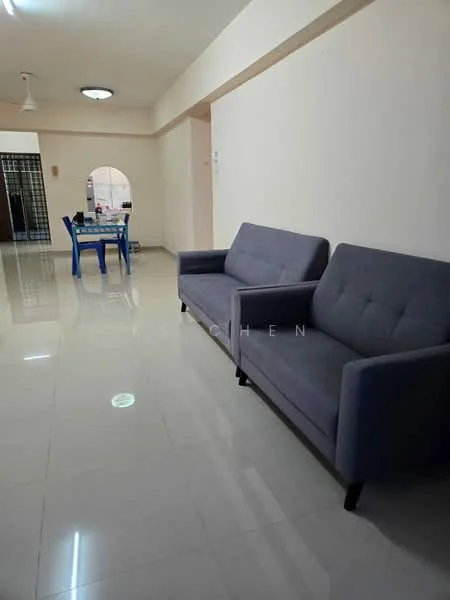 Living features: grey fabric 3-seater sofa, grey fabric 2-seater sofa, white painted walls, glossy tile flooring, ceiling light fixture, wall-mounted air conditioning unit, open layout, natural light from windows; style: modern. Dining features: blue dining table, 4 blue plastic chairs, white painted walls, glossy tile flooring; style: modern.