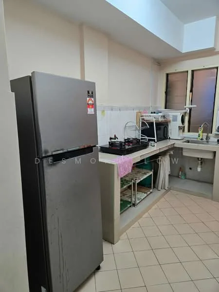 Kitchen features: stainless-steel fridge, built-in countertop, microwave, gas stove with multiple burners, kitchen sink, open shelving, tile backsplash, cream painted walls, ceramic tile flooring, window with sliding glass, kitchen utensils visible.