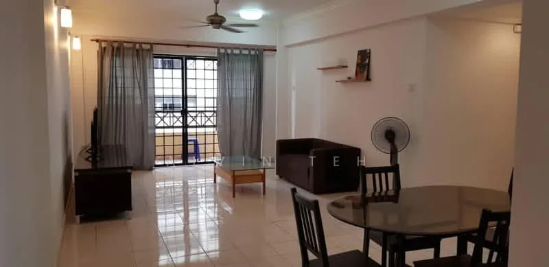 Living features: white painted walls, glossy tile flooring, 5-blade ceiling fan with light, sofa in dark brown, wooden coffee table, TV console, floor-to-ceiling windows, sheer curtains, dining table with four chairs, decorative wall shelf; style: modern.