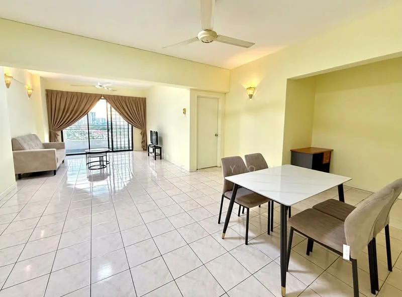 Living features: white painted walls, ceramic tile flooring, ceiling fan, sofa in light grey fabric, coffee table, TV console, wall-mounted TV, floor-to-ceiling windows, curtains in beige, recessed downlights, dining table with white top, 4 upholstered dining chairs in beige, decorative wall sconces; style: modern; view: city.