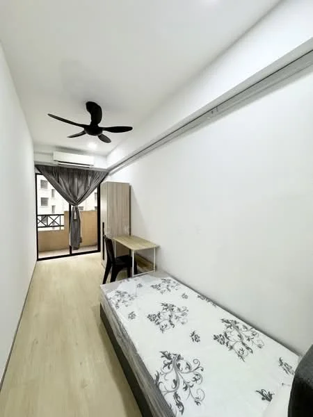 Bedroom features: single bed with floral pattern mattress, wooden study desk, black chair, ceiling fan, floor-to-ceiling windows, sliding glass door, curtains, light-colored walls, laminate flooring; style: modern; view: city.