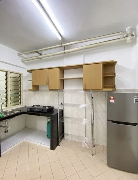 Kitchen features: black granite countertop, single-bowl stainless-steel sink, chrome pull-down faucet, built-in gas stove, stainless-steel fridge, wooden upper cabinets, open shelving, tile backsplash, white tiled walls, cream tiled flooring, fluorescent ceiling lights, ventilation pipe; style: modern.