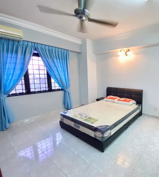 Bedroom features: queen-size bed, upholstered headboard, 2 orange accent pillows, white bed linens, ceiling fan, 1 wall-mounted split AC, light fixture with 2 bulbs, white painted walls, glossy tile flooring, floor-to-ceiling window, blue curtains; style: modern.