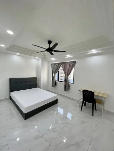 Bedroom features: king-size bed with upholstered headboard, white bedding, marble tile flooring, tray ceiling with recessed lighting, 5-blade ceiling fan, two windows with sheer and blackout curtains, study desk with chair, white painted walls; style: modern; view: city.