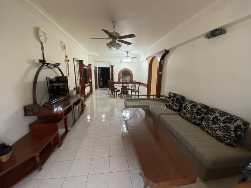 Living features: 3-seater fabric sofa with floral pattern, coffee table with marble top, TV console, wall-mounted TV, ceiling fan with light, white painted walls, tile flooring, decorative wall shelves, arched doorway, dining area visible in background; style: traditional.