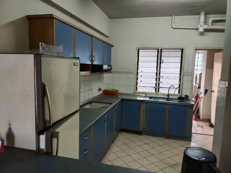 Kitchen features: blue cabinetry, grey countertop, stainless-steel fridge, built-in oven, double-bowl stainless-steel sink, chrome pull-down faucet, tile backsplash, ceramic tile flooring, window with horizontal slats, wall-mounted shelving, kitchen exhaust hood, open layout, wall-mounted light fixture.