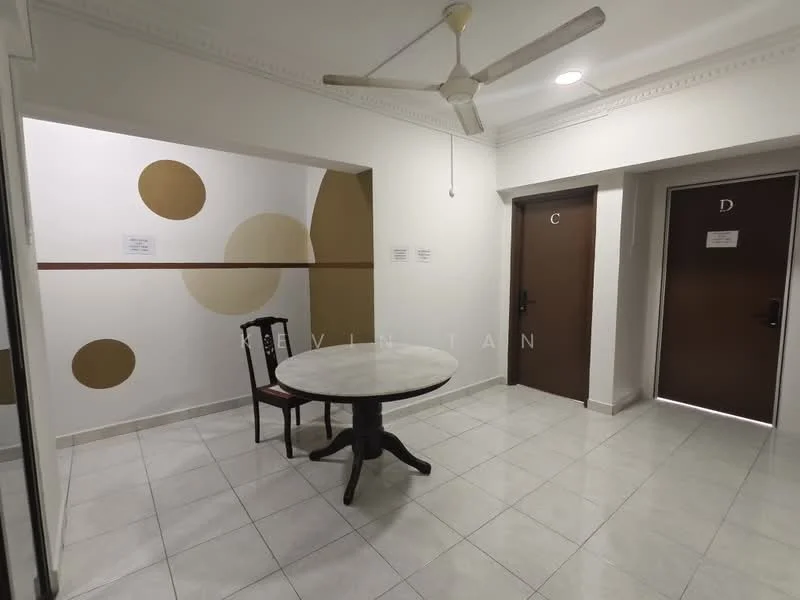 Room features: white painted walls, geometric wall art in beige and brown, tile flooring, ceiling fan, round dining table with pedestal base, single wooden chair, two doors labeled C and D; style: modern.