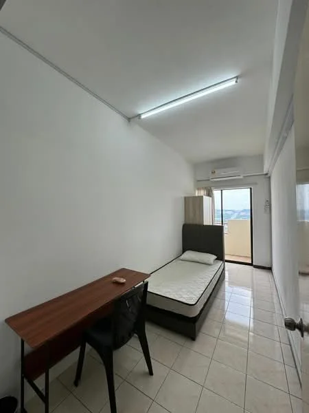 Bedroom features: white painted walls, tile flooring, single bed with mattress, study desk, black plastic chair, wall-mounted air conditioning unit, floor-to-ceiling window, curtains, balcony door; style: minimalist; view: city.