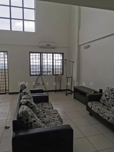 Living features: 2 fabric sofas with floral pattern, 1 wooden TV console, floor-to-ceiling windows, wall-mounted split AC, tiled flooring, white painted walls, ceiling with exposed beams, clothes rack, decorative wall light; style: modern; view: city.