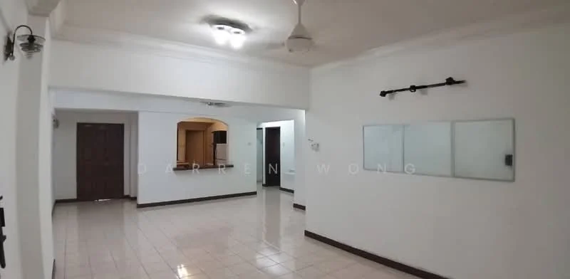 Room features: white painted walls, glossy tile flooring, ceiling fan, recessed downlights, arched doorway to kitchen, mirror wall, wooden door, open layout; style: modern.