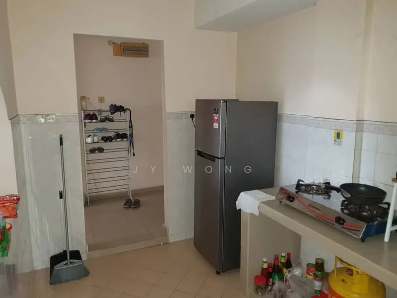 Kitchen features: stainless-steel fridge, built-in gas stove, kitchen countertop, white tiled backsplash, cream painted walls, tile flooring, under-sink storage, open shelving, kitchen utensils, bottled beverages, cleaning supplies. Room features: laundry rack, tile flooring, cream painted walls.
