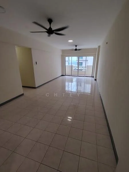 Room features: white painted walls, glossy ceramic tile flooring, 2 ceiling fans, large sliding glass door, balcony access, natural light from windows, neutral color scheme, open layout; style: modern.