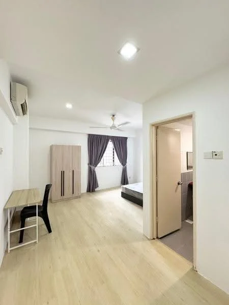 Bedroom features: light wood laminate flooring, white painted walls, ceiling fan, 1 wall-mounted split AC, window with sheer curtains, double bed with grey bed frame, study desk with chair, built-in wardrobe, door leading to bathroom; style: modern.