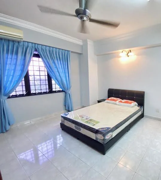 Bedroom features: queen-size bed, upholstered headboard, 2 bedside pillows, ceiling fan with light, wall-mounted air conditioning unit, floor-to-ceiling window, blue curtains, white painted walls, glossy tile flooring, decorative wall sconce; style: modern; view: city.