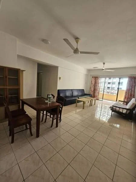 Living features: white painted walls, tile flooring, 5-blade ceiling fan, sofa in dark blue leather, wooden dining table, 4 wooden dining chairs, coffee table, floor-to-ceiling windows, curtains with floral pattern, balcony access, decorative wall light; style: modern; view: city.