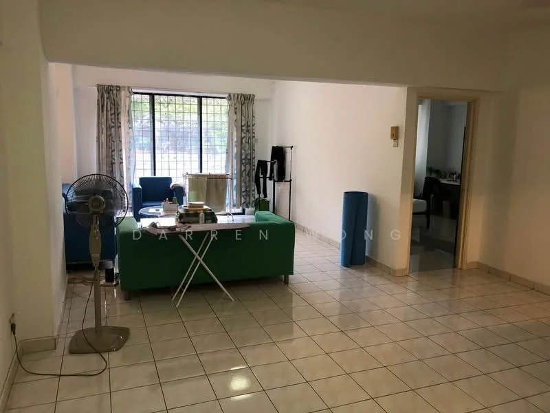Living features: white painted walls, ceramic tile flooring, floor-to-ceiling windows, curtains, 3-seater fabric sofa in blue, coffee table, standing fan, green accent chair, decorative wall, open layout; style: modern; view: garden. Room features: white painted walls, ceramic tile flooring, open layout, doorway leading to another room.
