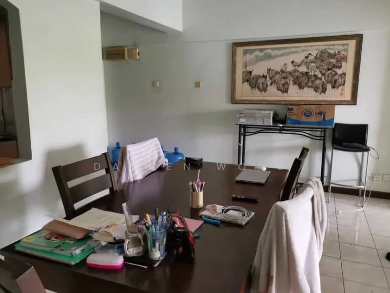 Dining features: wood dining table, 4 wooden dining chairs, ceramic tile flooring, white painted walls, wall-mounted air conditioning unit, framed artwork on wall, stationery and office supplies on table, laptop on table, open shelving in background.