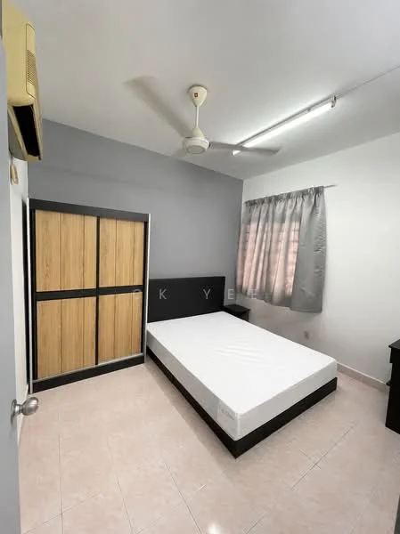 Bedroom features: queen-size bed, upholstered headboard, built-in wardrobe with sliding doors, 2 bedside tables, ceiling fan, recessed lighting, grey painted walls, light pink curtains, tile flooring, window with view to outside; style: modern.