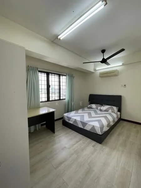 Bedroom features: queen-size bed with grey upholstered headboard, chevron-patterned bedding, wooden flooring, 1 wall-mounted split AC, 5-blade ceiling fan, 2 windows with black grille, light blue curtains, study desk, built-in wardrobe; style: modern.
