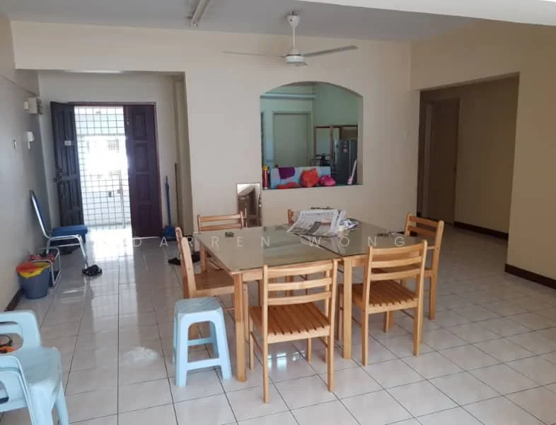 Dining features: dining table with wooden slats, 8 wooden dining chairs, white tiled flooring, cream painted walls, ceiling fan, open layout to living area, large window, mirror on wall, broom and dustpan visible, plastic chairs, doorway leading to hallway. Room features: white tiled flooring, cream painted walls, doorway leading to entrance, open layout.