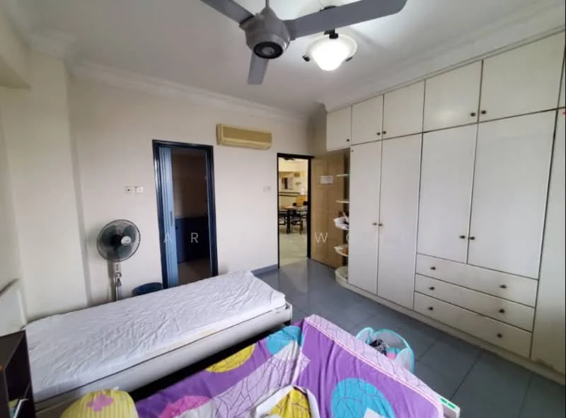 Bedroom features: single bed, built-in wardrobe with multiple drawers, ceiling fan, white painted walls, grey tiled flooring, window with blinds, doorway leading to another room, air conditioning unit.