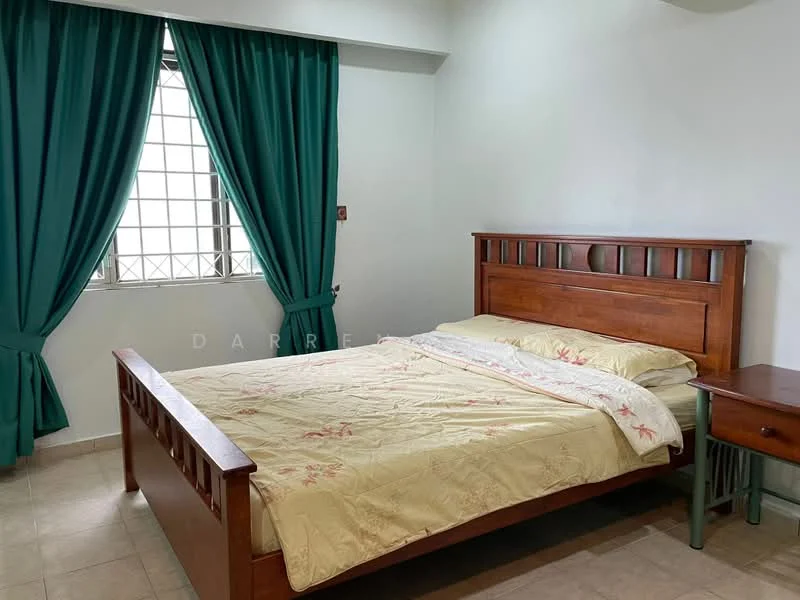 Bedroom features: queen-size bed, wooden bed frame, bedding with floral pattern, nightstand, window with grid pattern, green curtains, tile flooring, white painted walls.