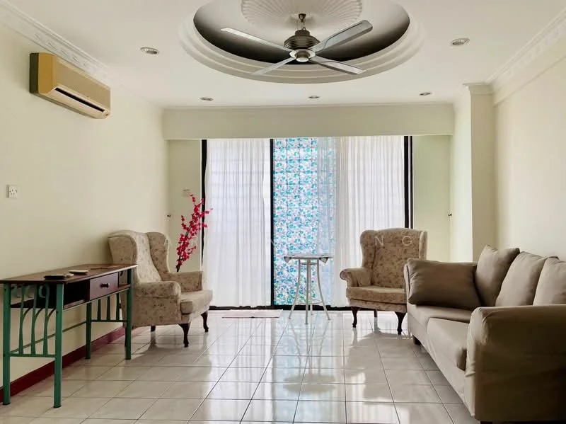 Living features: white painted walls, glossy tile flooring, 5-blade ceiling fan with light, large sliding glass door, sheer curtains, two armchairs in cream upholstery, sofa in beige fabric, small round table, decorative plant, crown moulding, recessed downlights; style: modern.